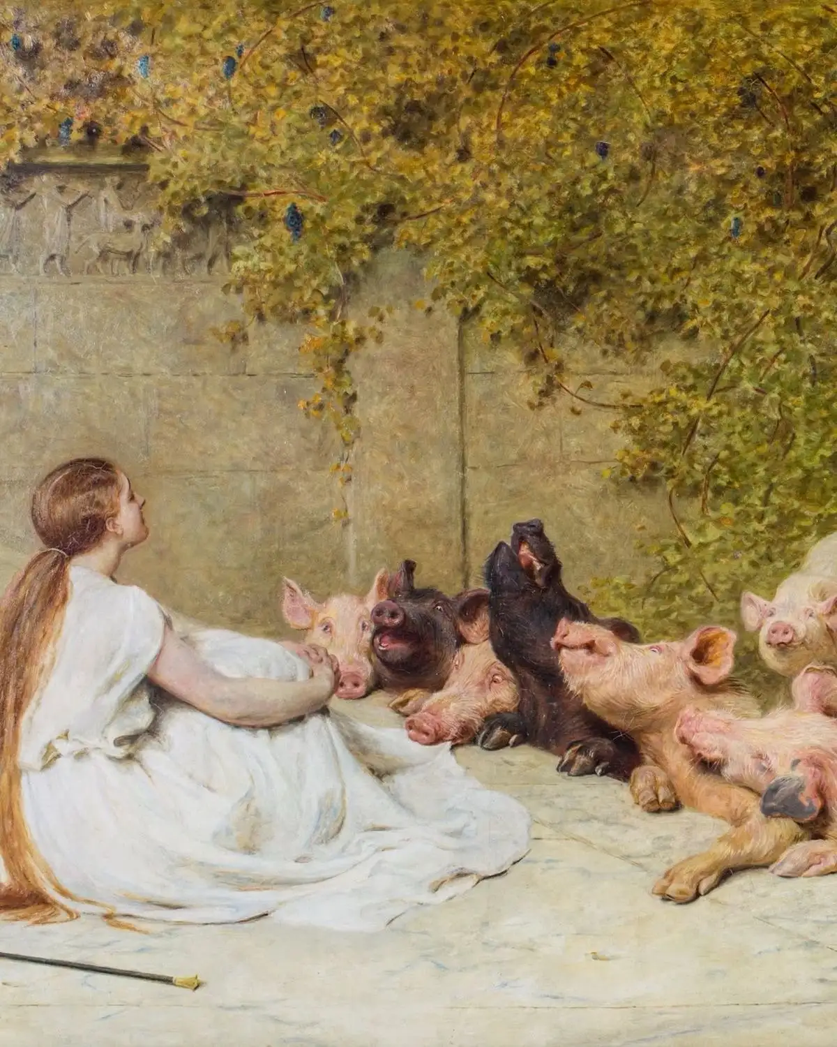 Pintura d'una dona vestida de blanc asseguda a terra, envoltada de porcs que la miren, sota una parra.