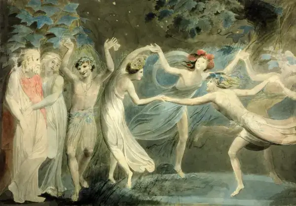 Aquarel·la de fades dansant en un clar de bosc, amb tres figures humanes mirant-les des de la vora.
