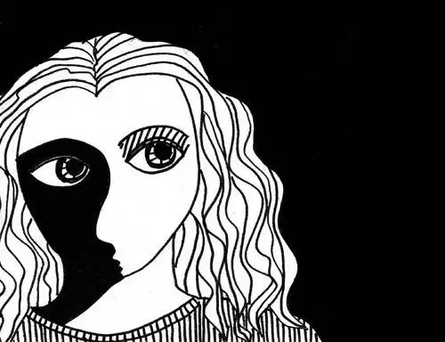 Il·lustració en blanc i negre del rostre d'una dona amb mitja cara coberta per una taca negra.